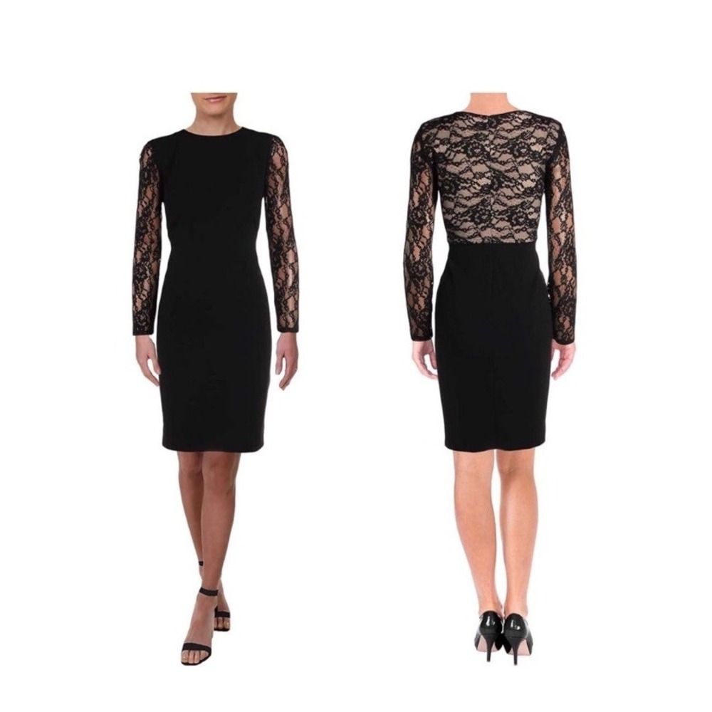 Ralph Lauren Cocktail Dress Women‎ 12 Keanu Lace Inset Long Slv Black Formal NWT